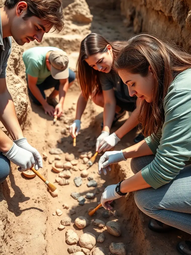 A photo of volunteers working diligently to clean and preserve ancient artifacts in a museum setting, highlighting the importance of hands-on preservation efforts.